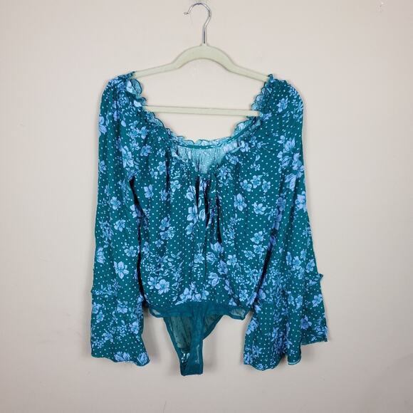Free People One On One Date Bodysuit in Emerald Combo Size S - Picture 1 of 9